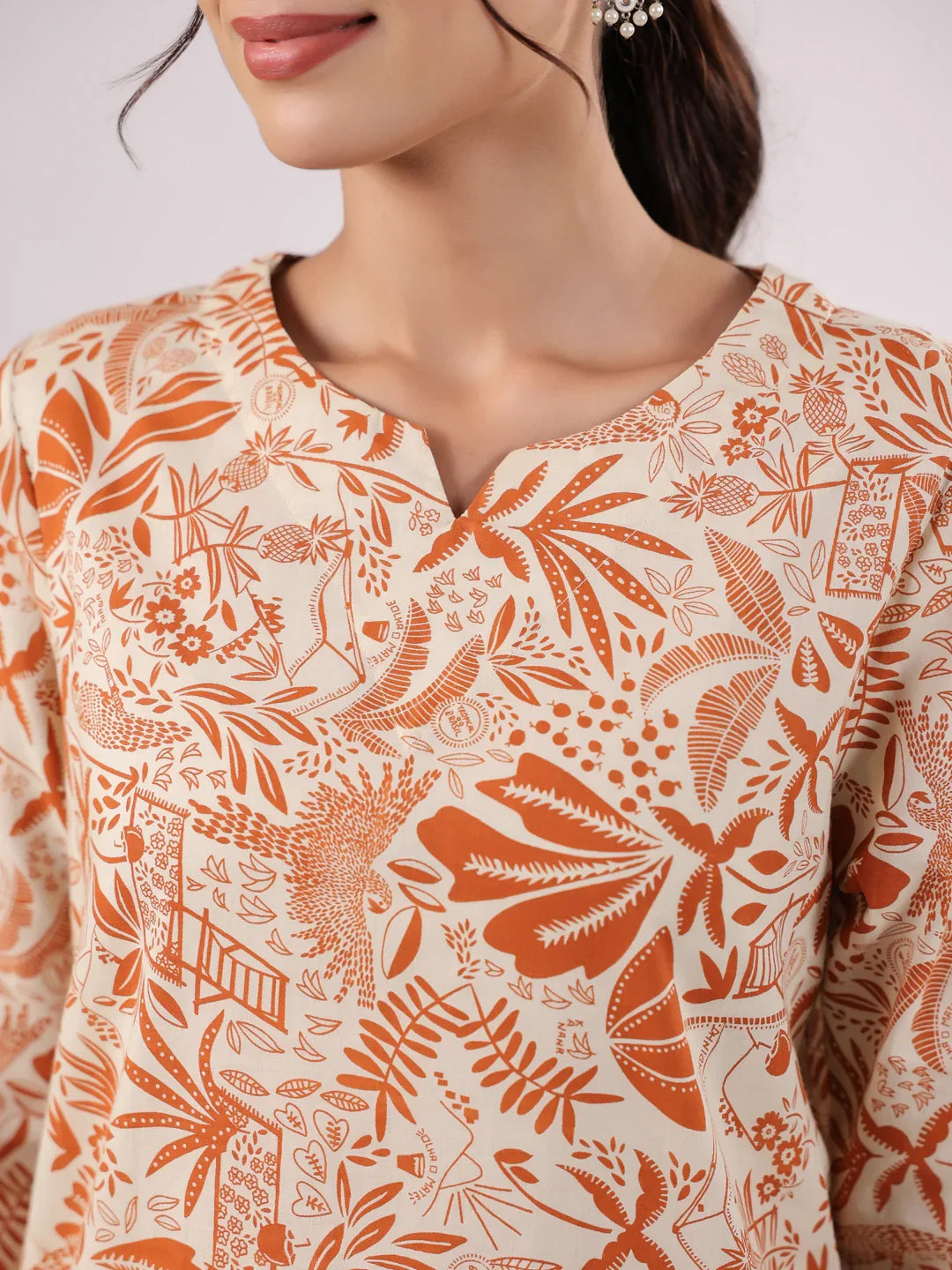 Orange Printed Cotton Night Suit Set for Women - SanskrutiHomes