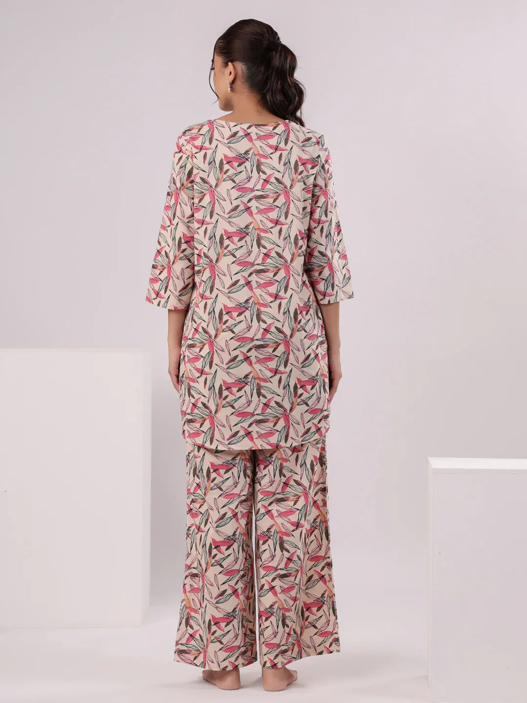 Multicolor Leaf Printed Night Suit Set - SanskrutiHomes