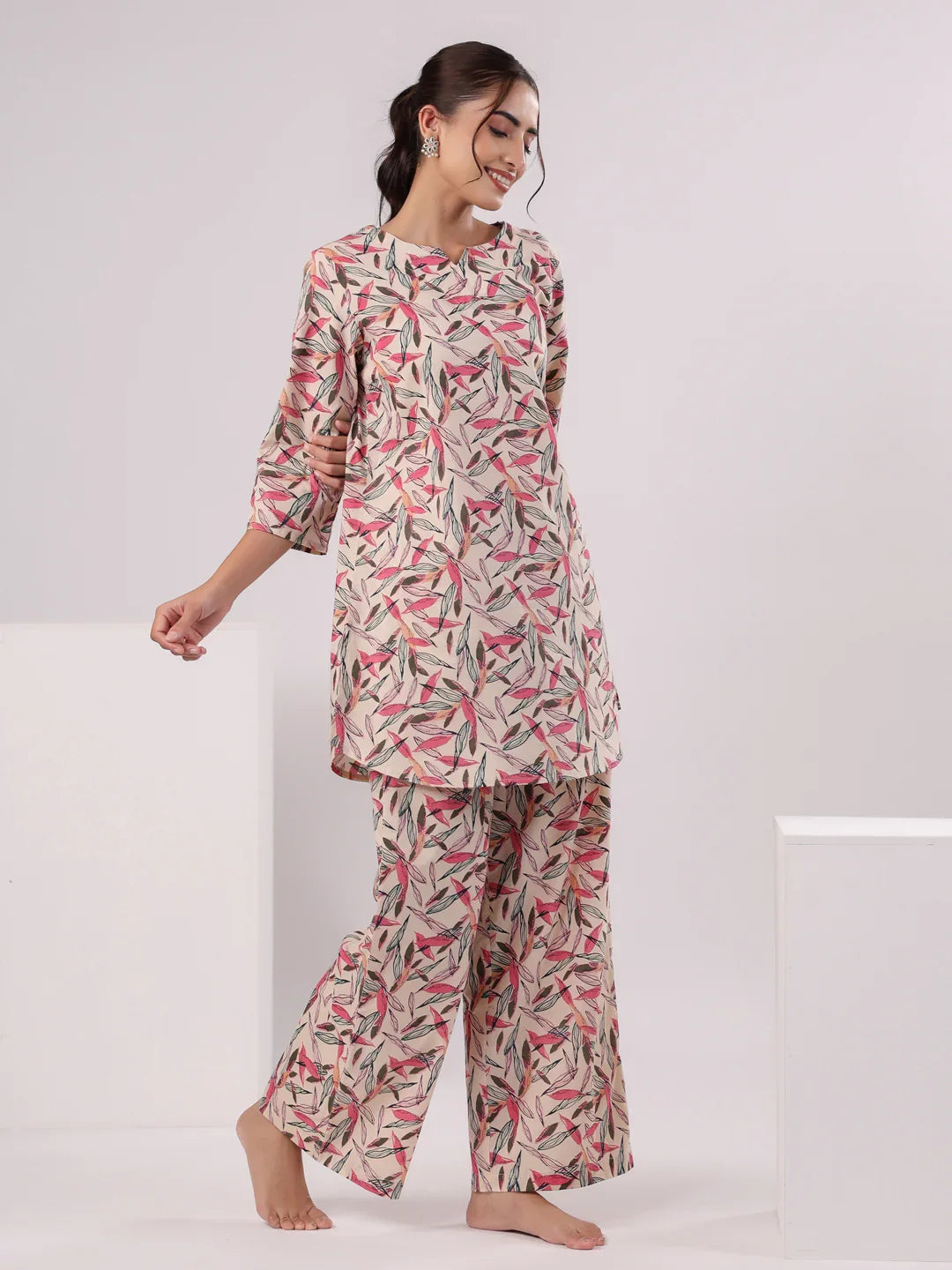 Multicolor Leaf Printed Night Suit Set - SanskrutiHomes
