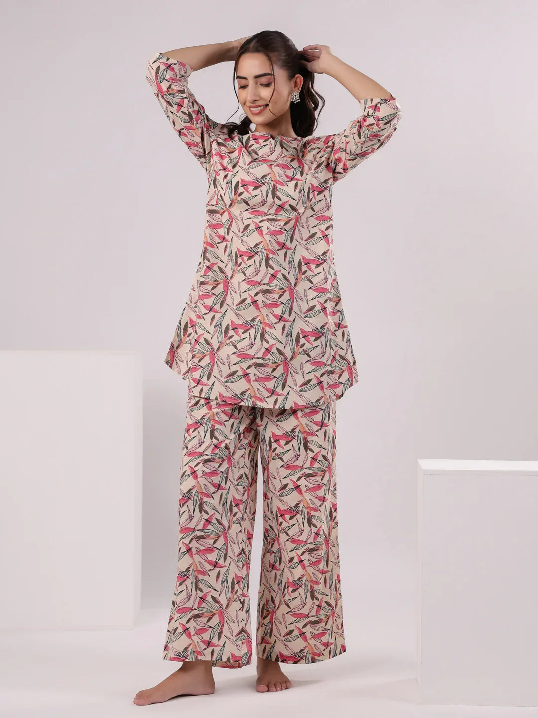 Multicolor Leaf Printed Night Suit Set - SanskrutiHomes
