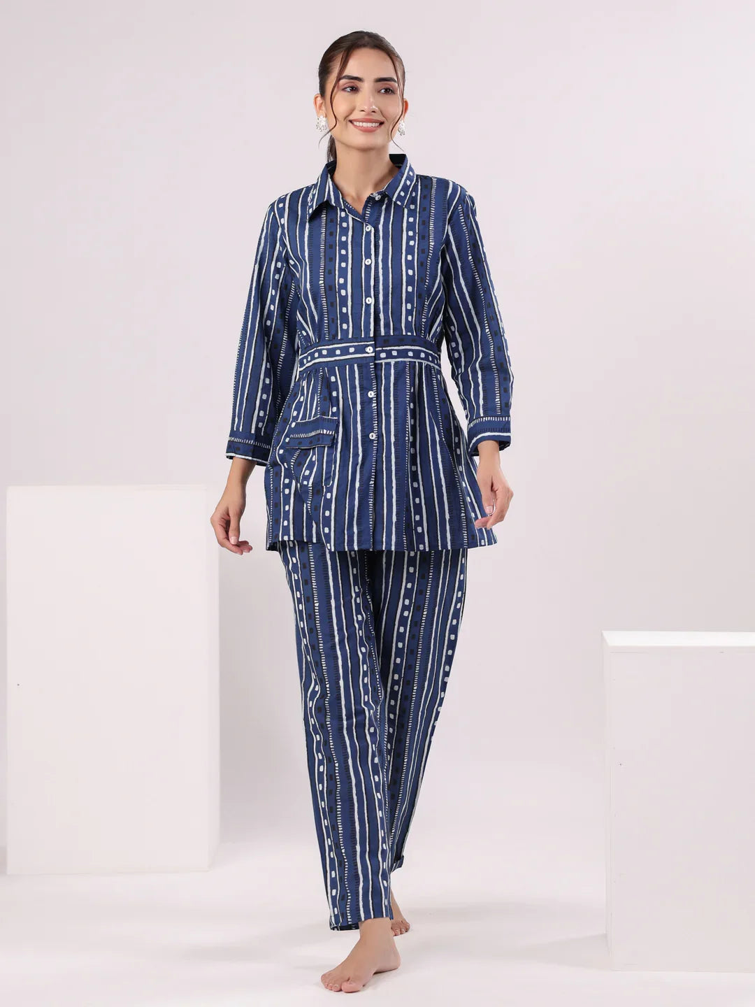 Blue Strait Line Printed Night Suit - SanskrutiHomes