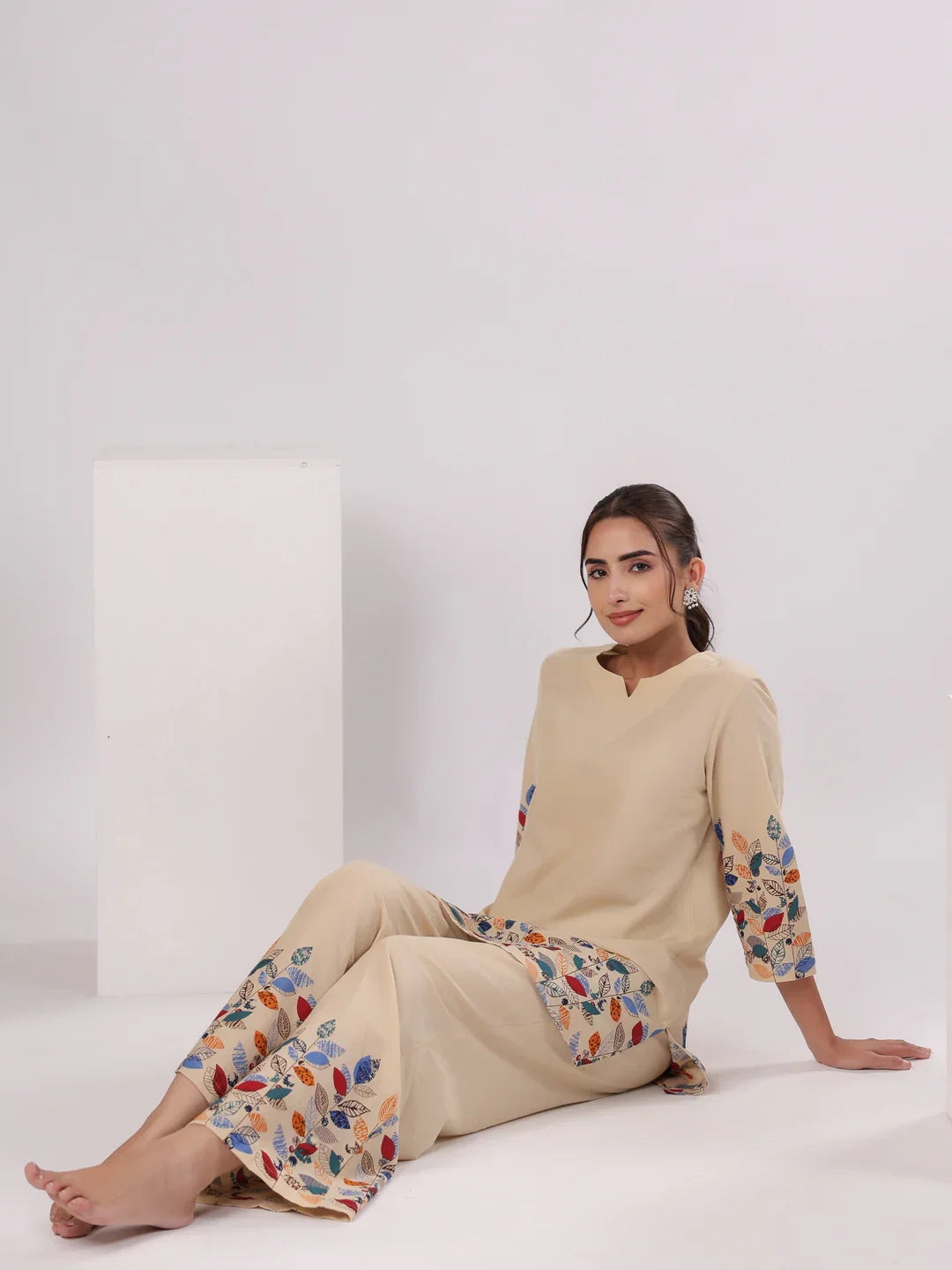 Multicolor Leaf Printed Night Suit Set - SanskrutiHomes