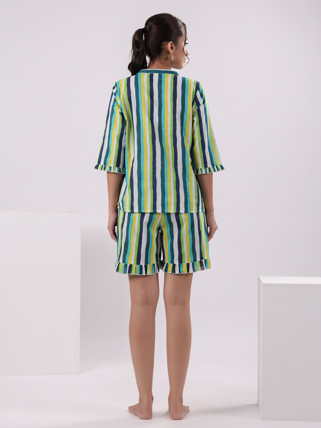 Multicolor Striped Printed Night Suit Set - SanskrutiHomes