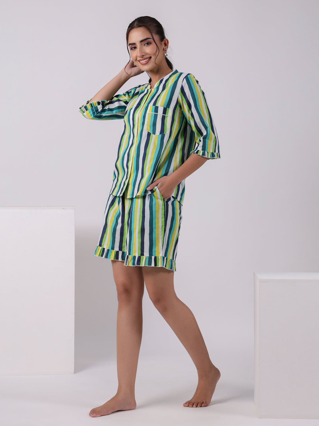 Multicolor Striped Printed Night Suit Set - SanskrutiHomes