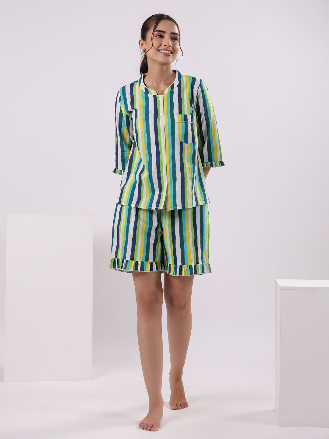 Multicolor Striped Printed Night Suit Set