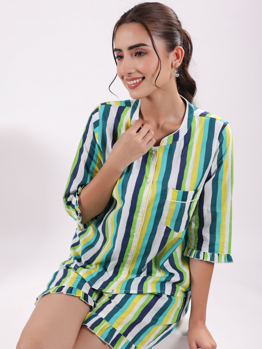 Multicolor Striped Printed Night Suit Set - SanskrutiHomes