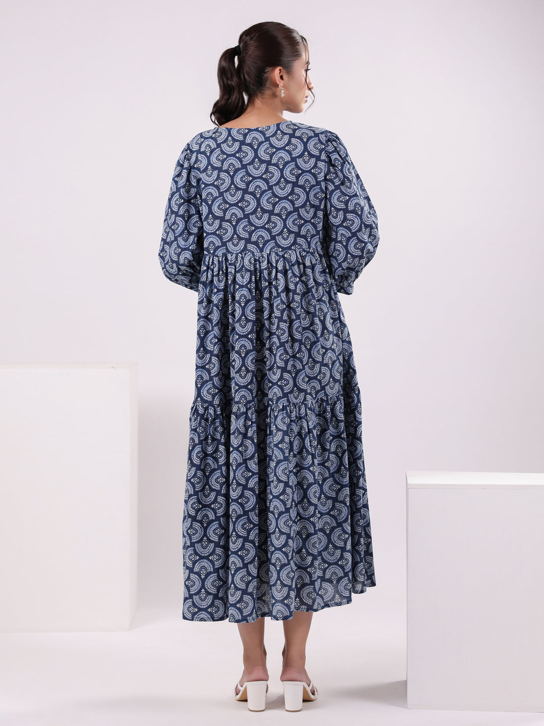 Women Floral Print Puff Sleeve Dress