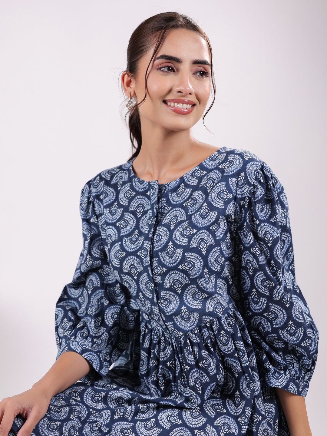 Women Floral Print Puff Sleeve Dress