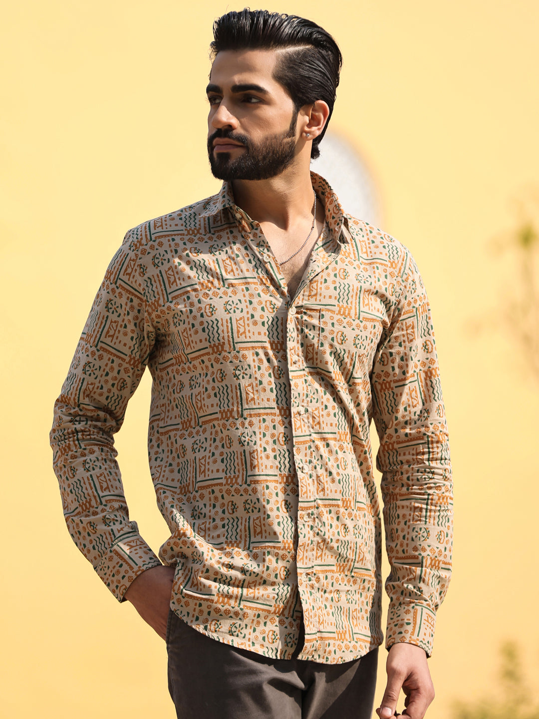 Men's Floral Print Pure Cotton Beige Casual Shirt