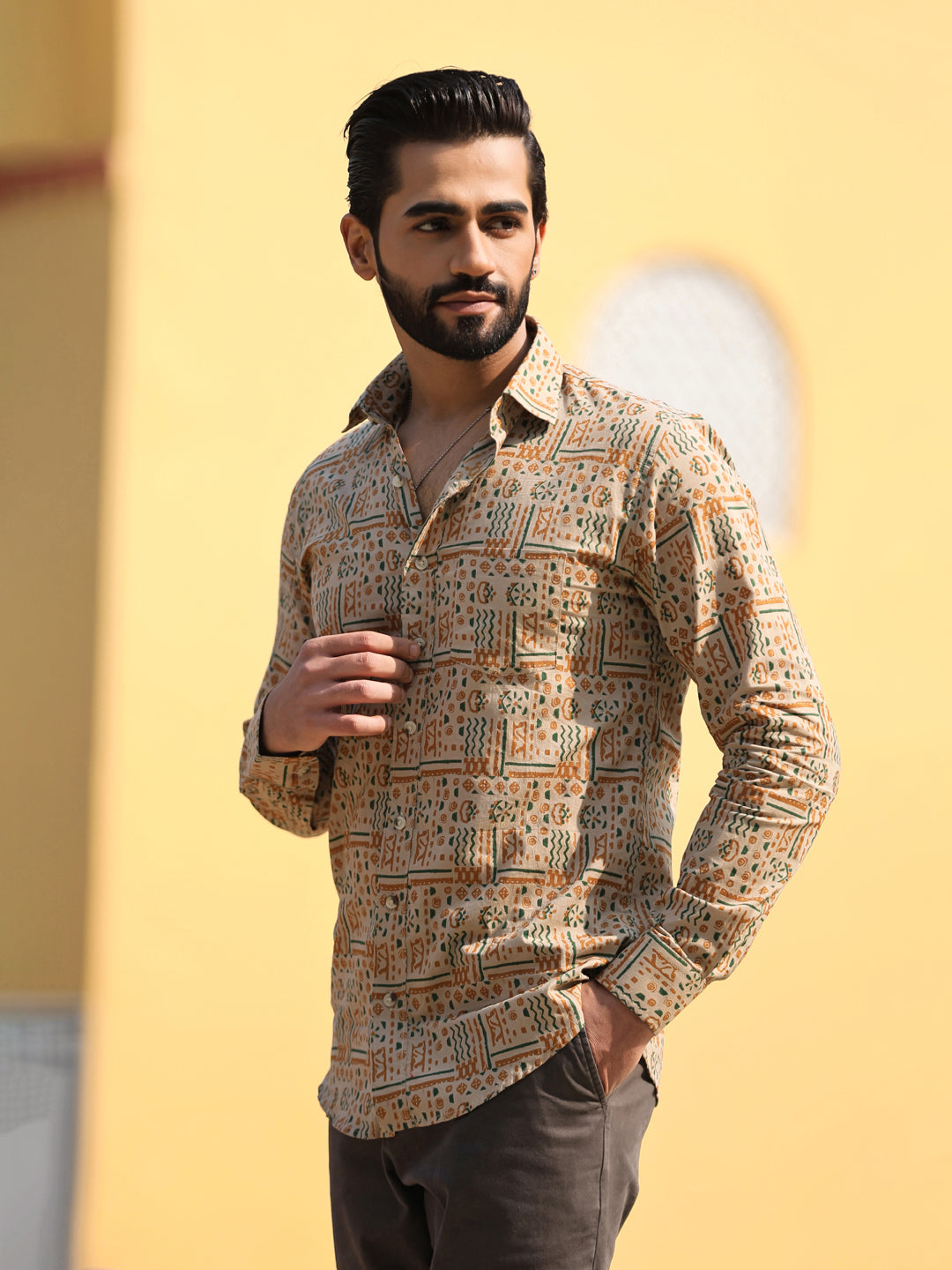Men's Floral Print Pure Cotton Beige Casual Shirt