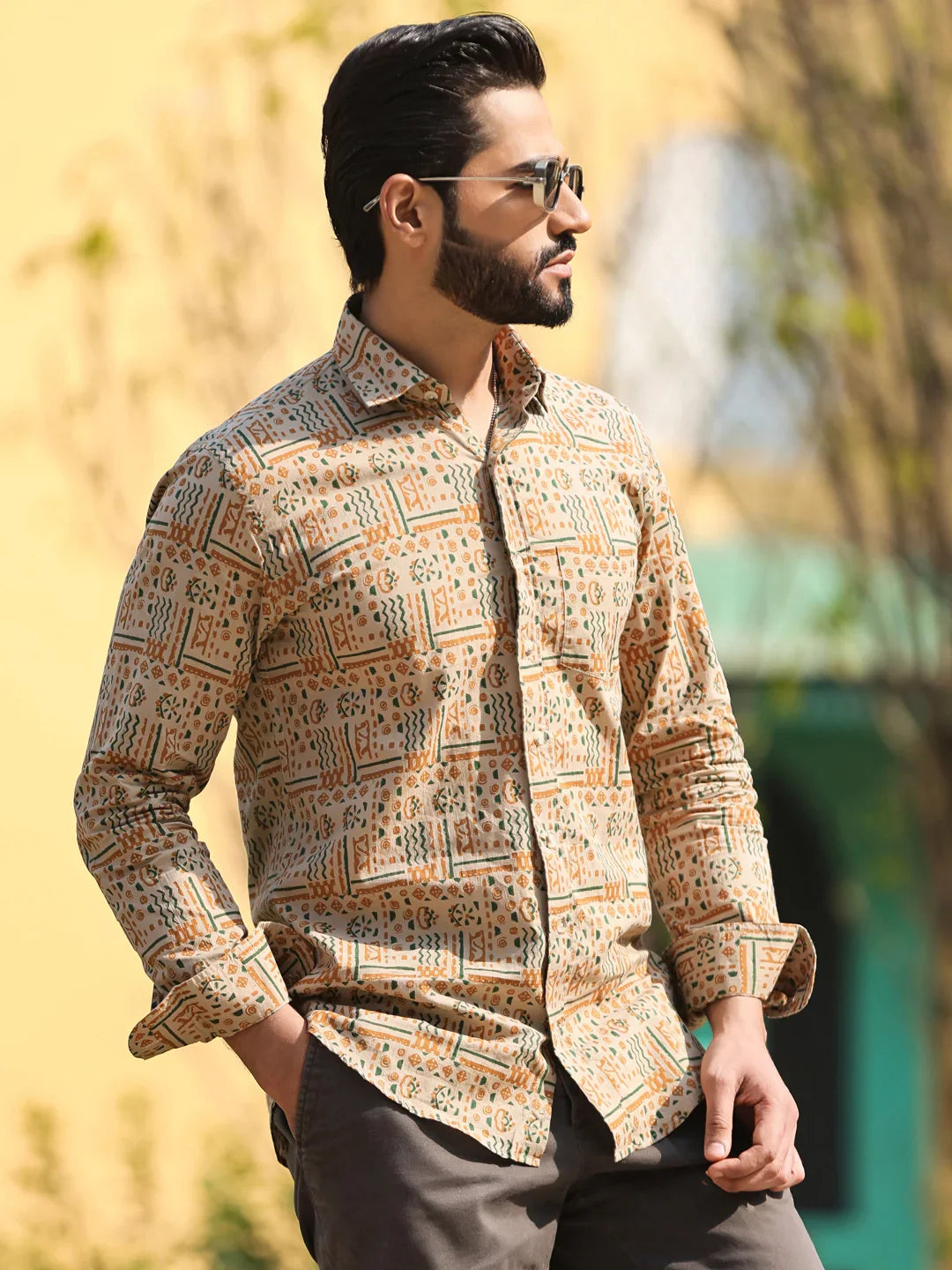 Men's Floral Print Pure Cotton Beige Casual Shirt - SanskrutiHomes
