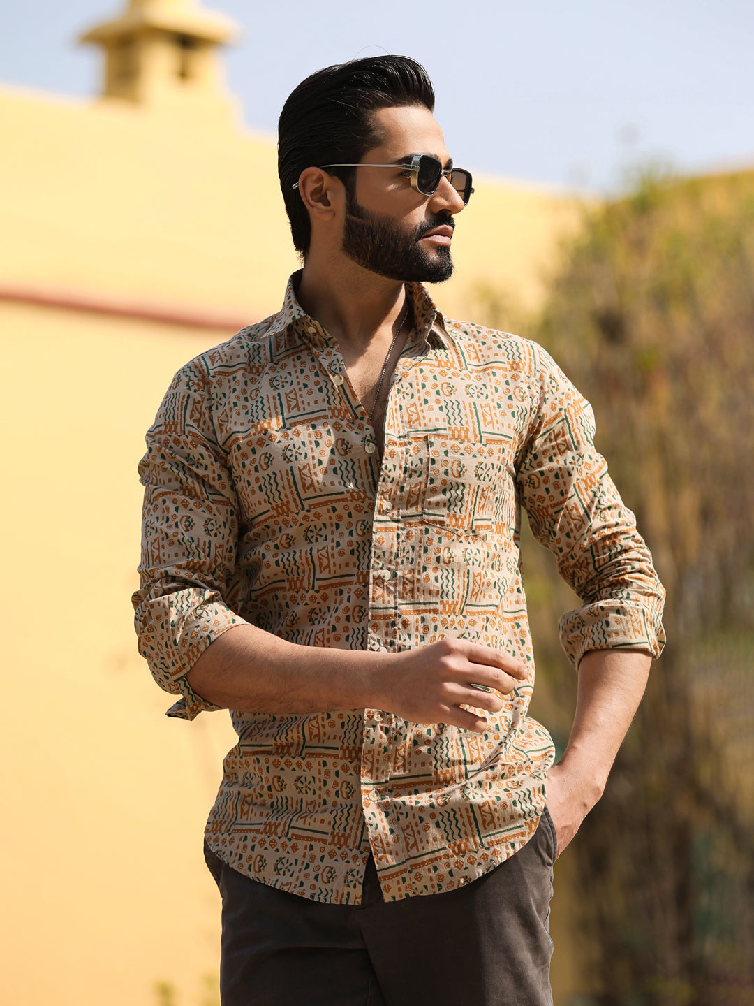 Men's Floral Print Pure Cotton Beige Casual Shirt