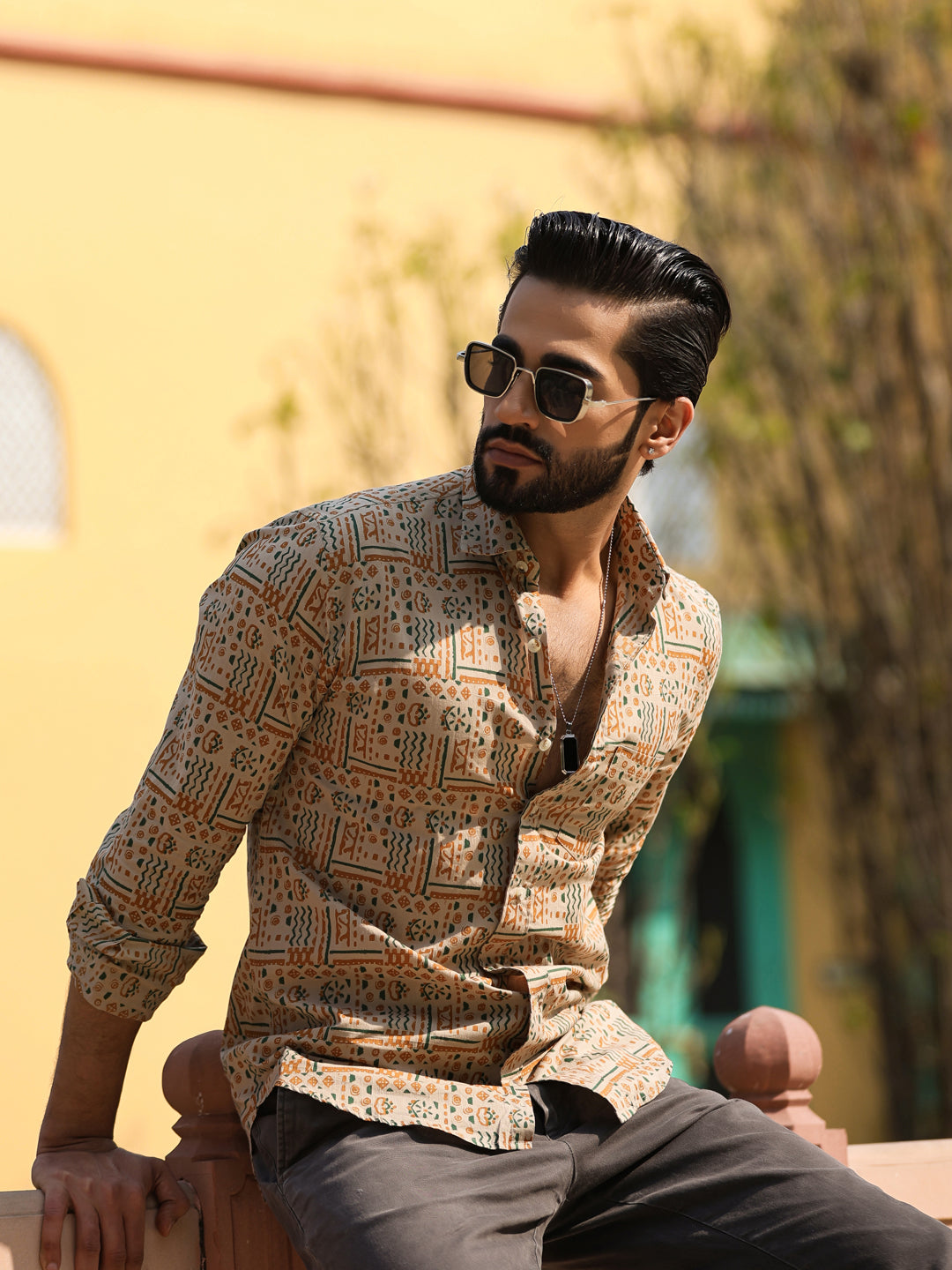 Men's Floral Print Pure Cotton Beige Casual Shirt - SanskrutiHomes