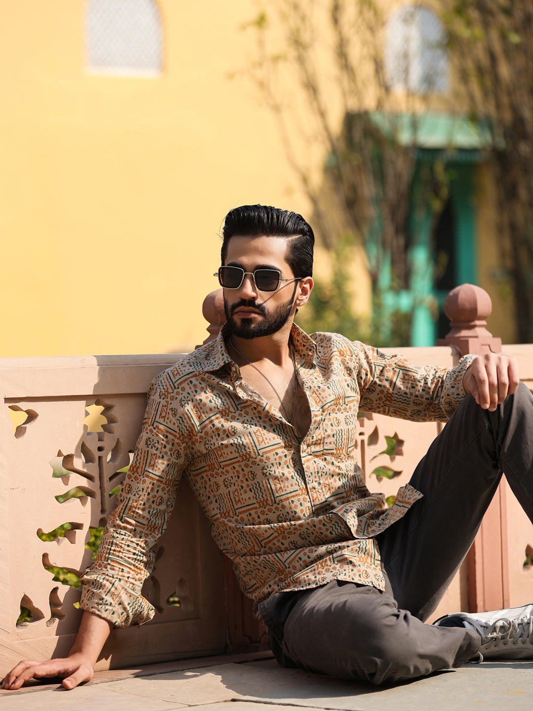 Men's Floral Print Pure Cotton Beige Casual Shirt - SanskrutiHomes
