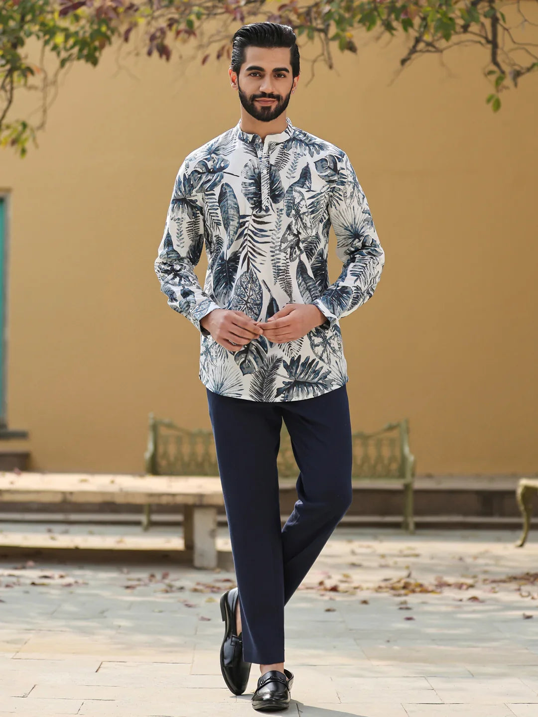 Men's Floral Pure Cotton Grey Printed Kurta - SanskrutiHomes