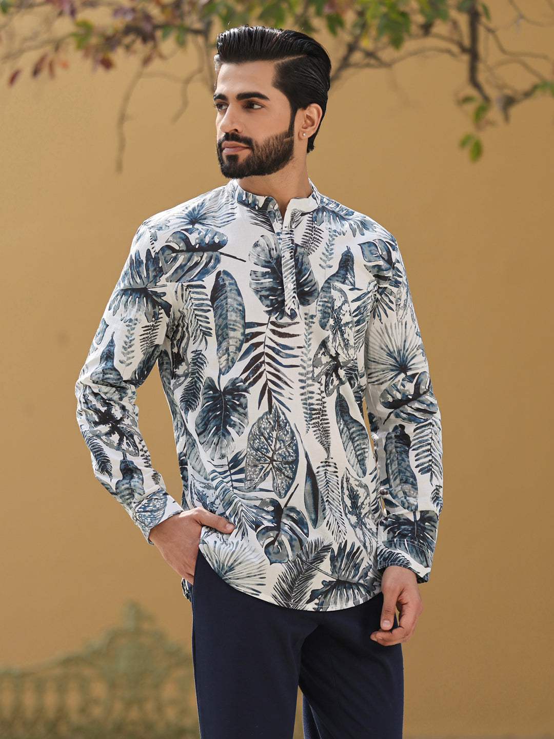 Men's Floral Pure Cotton Grey Printed Kurta - SanskrutiHomes
