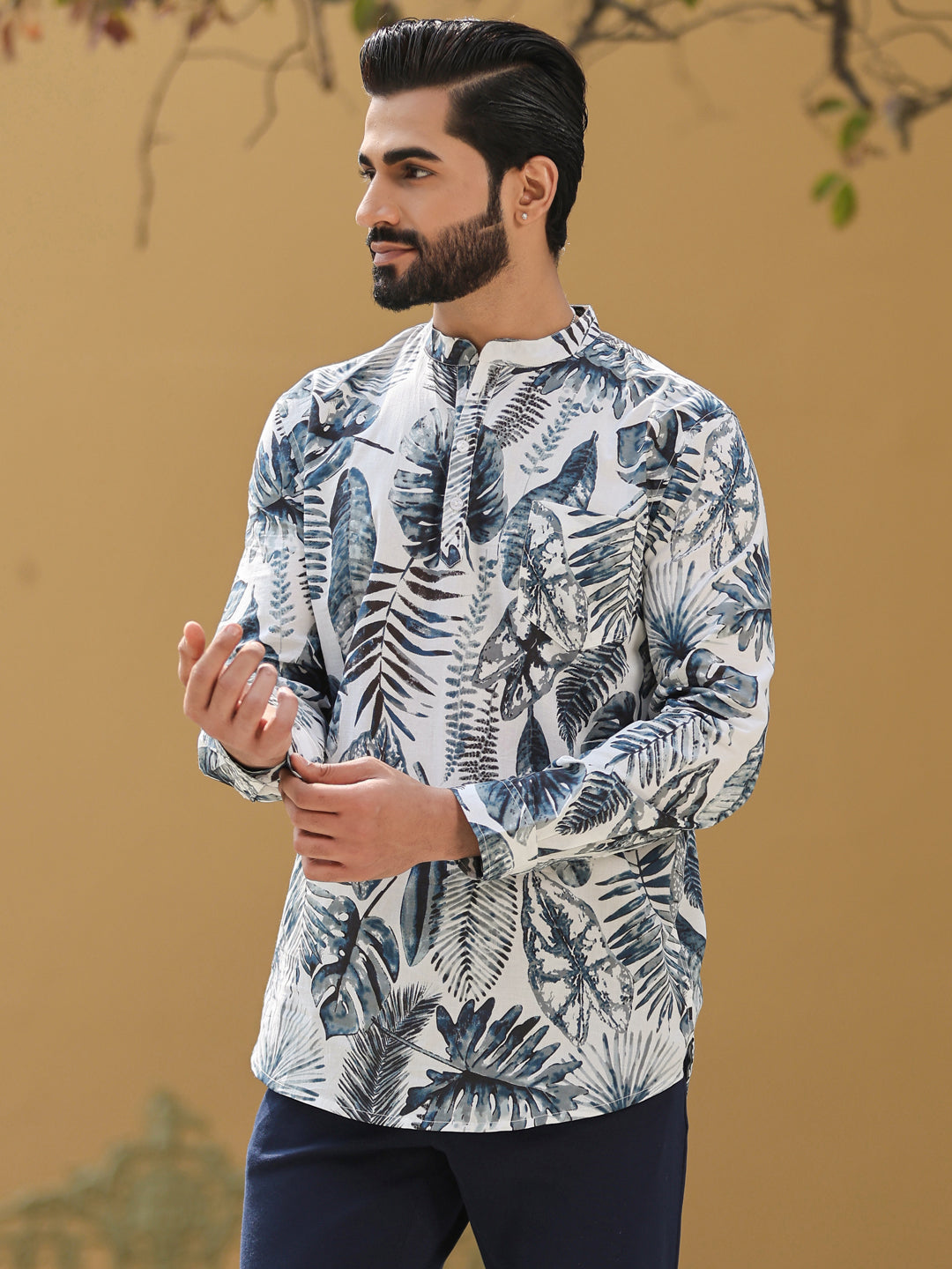 Men's Floral Pure Cotton Grey Printed Kurta