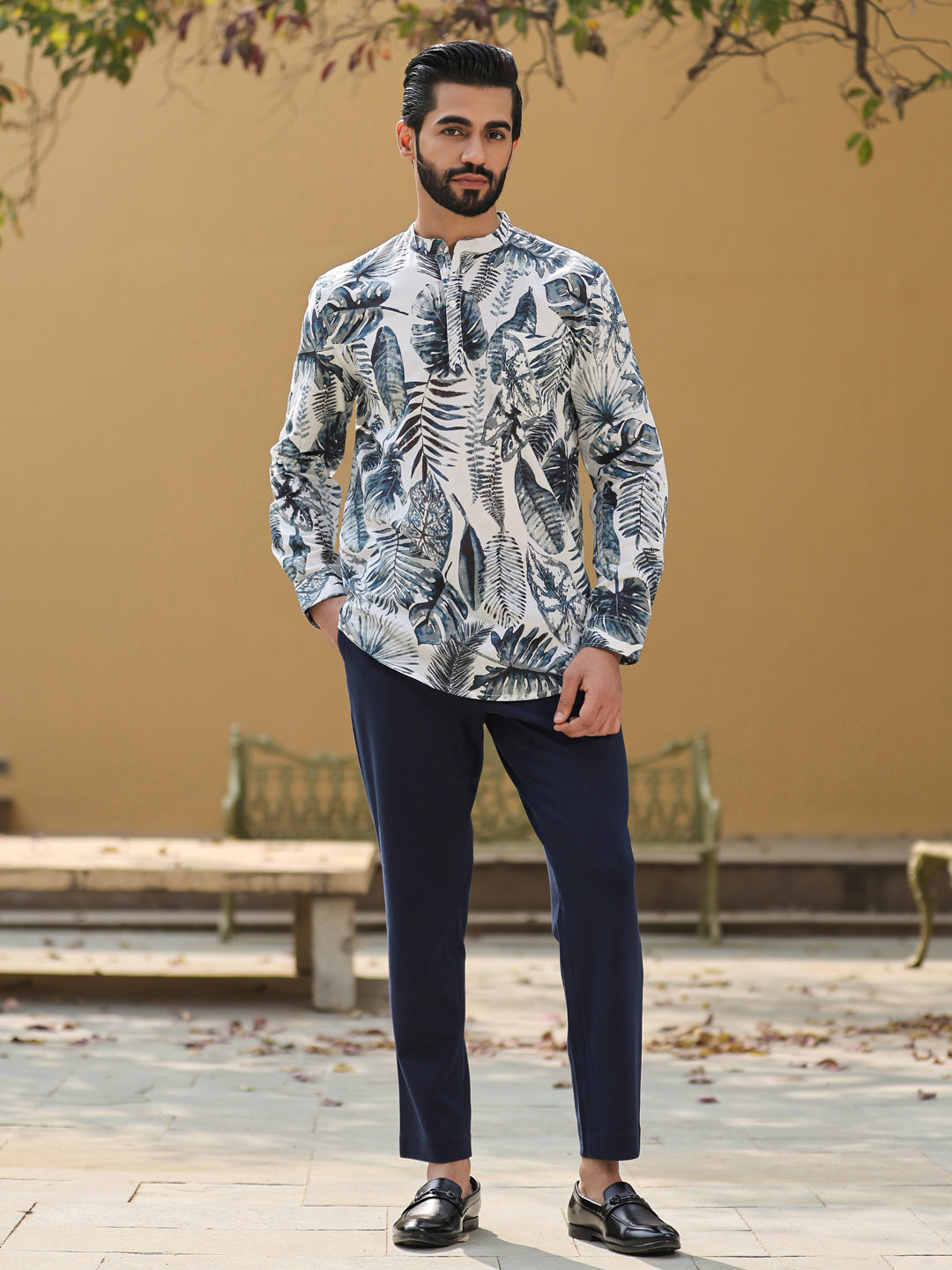 Men's Floral Pure Cotton Grey Printed Kurta