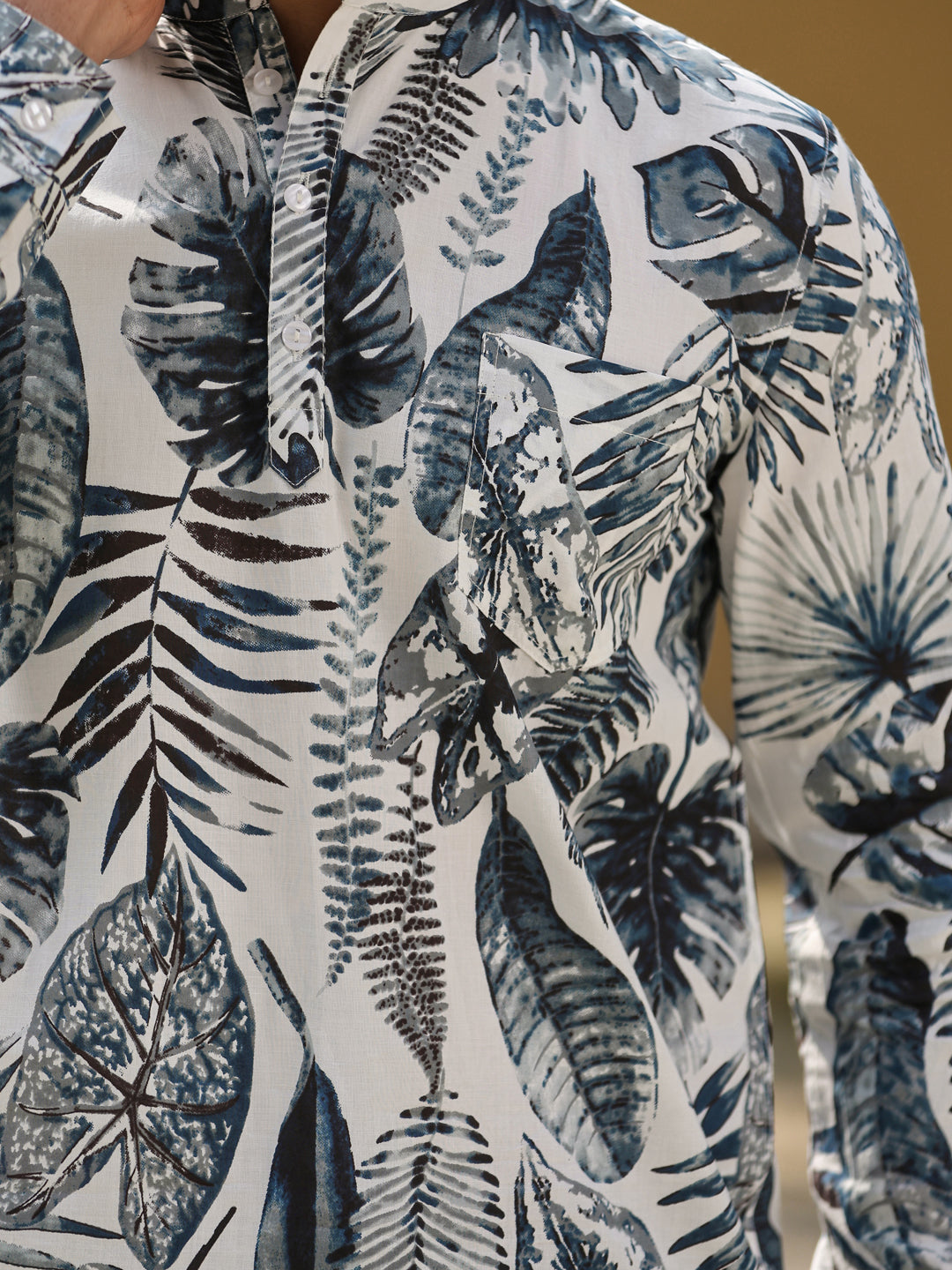 Men's Floral Pure Cotton Grey Printed Kurta