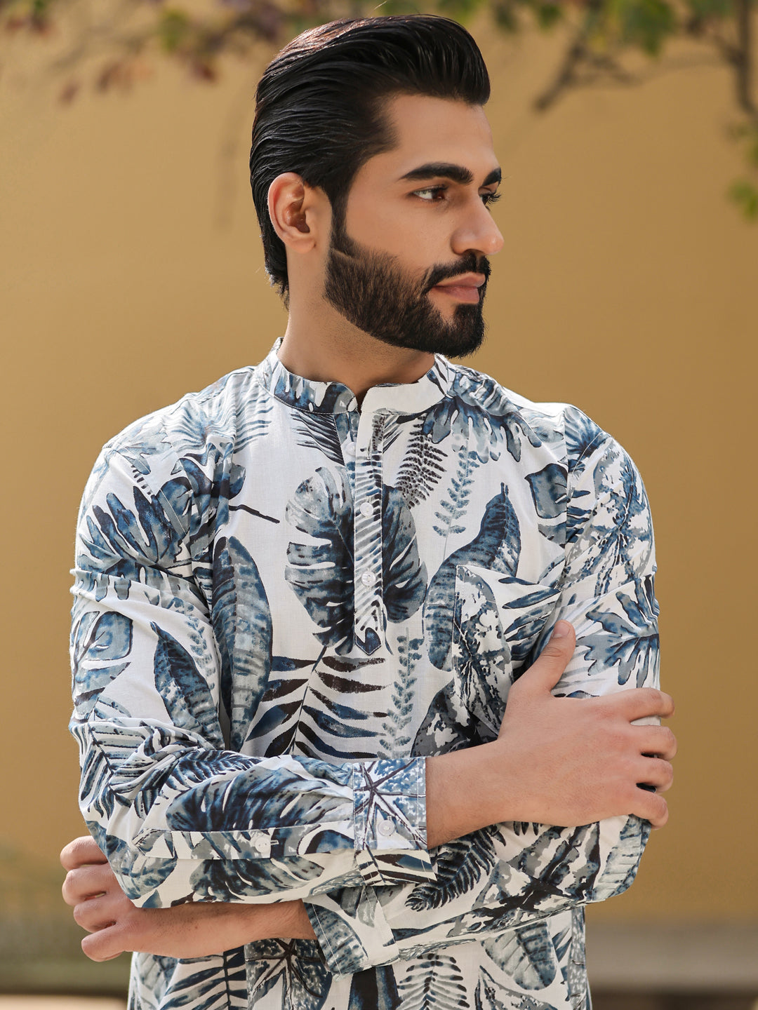 Men's Floral Pure Cotton Grey Printed Kurta