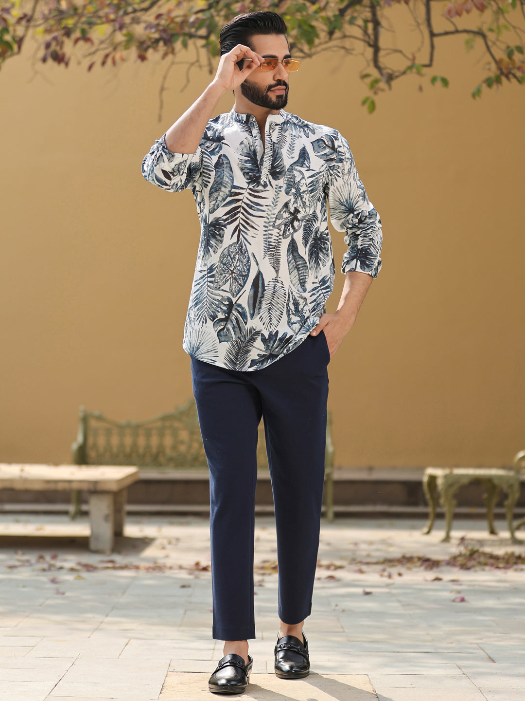 Men's Floral Pure Cotton Grey Printed Kurta