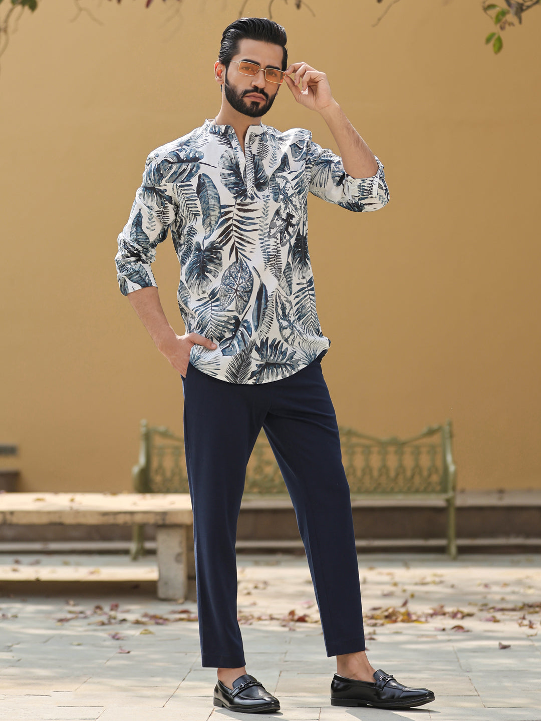 Men's Floral Pure Cotton Grey Printed Kurta - SanskrutiHomes