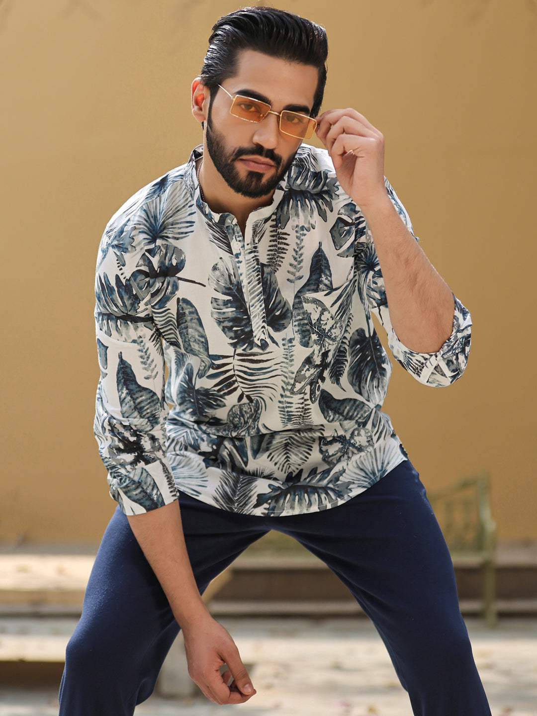 Men's Floral Pure Cotton Grey Printed Kurta