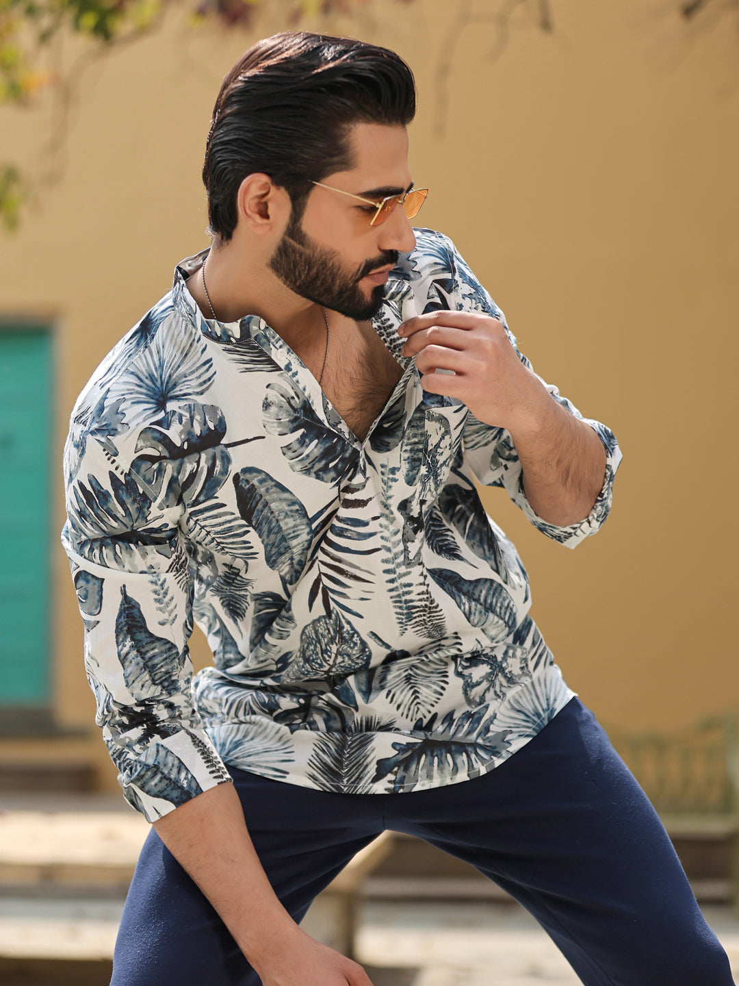 Men's Floral Pure Cotton Grey Printed Kurta - SanskrutiHomes