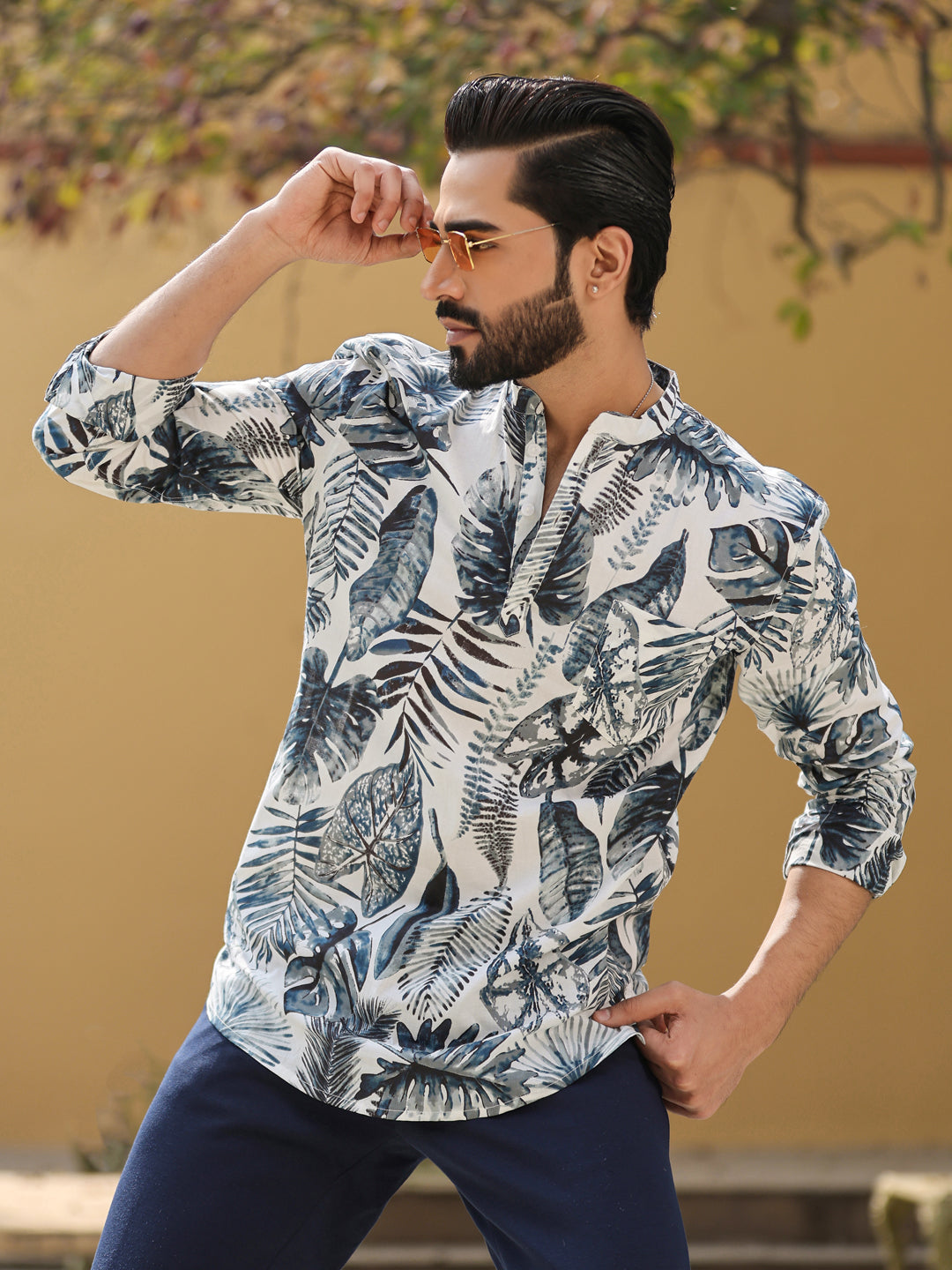 Men's Floral Pure Cotton Grey Printed Kurta - SanskrutiHomes