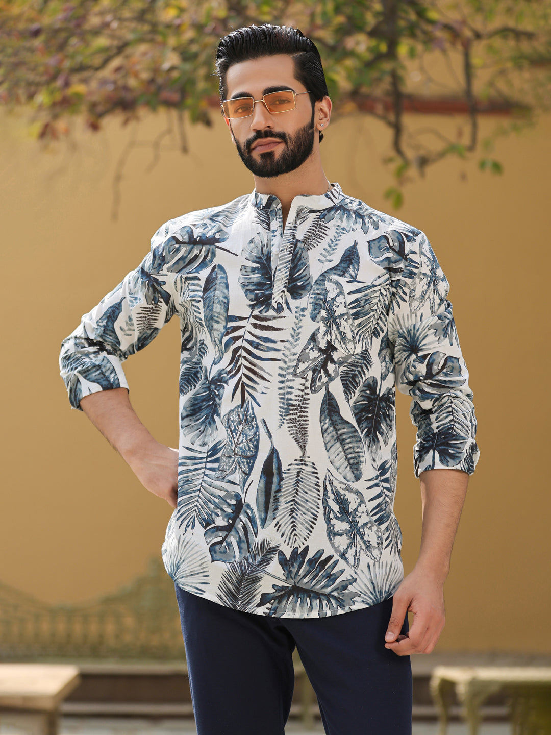 Men's Floral Pure Cotton Grey Printed Kurta