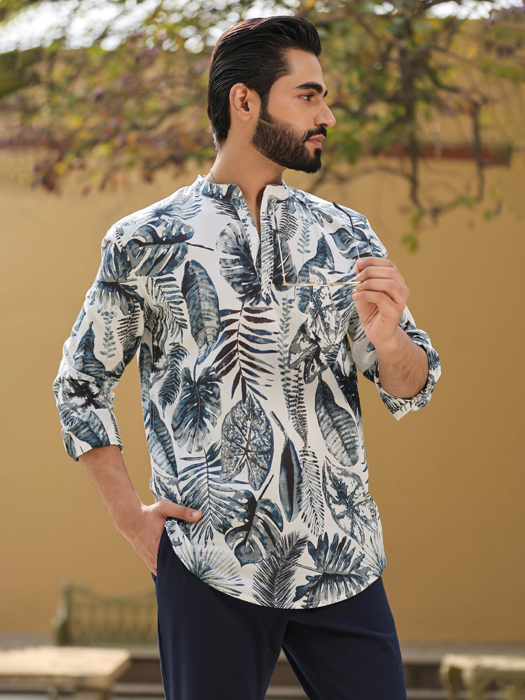Men's Floral Pure Cotton Grey Printed Kurta