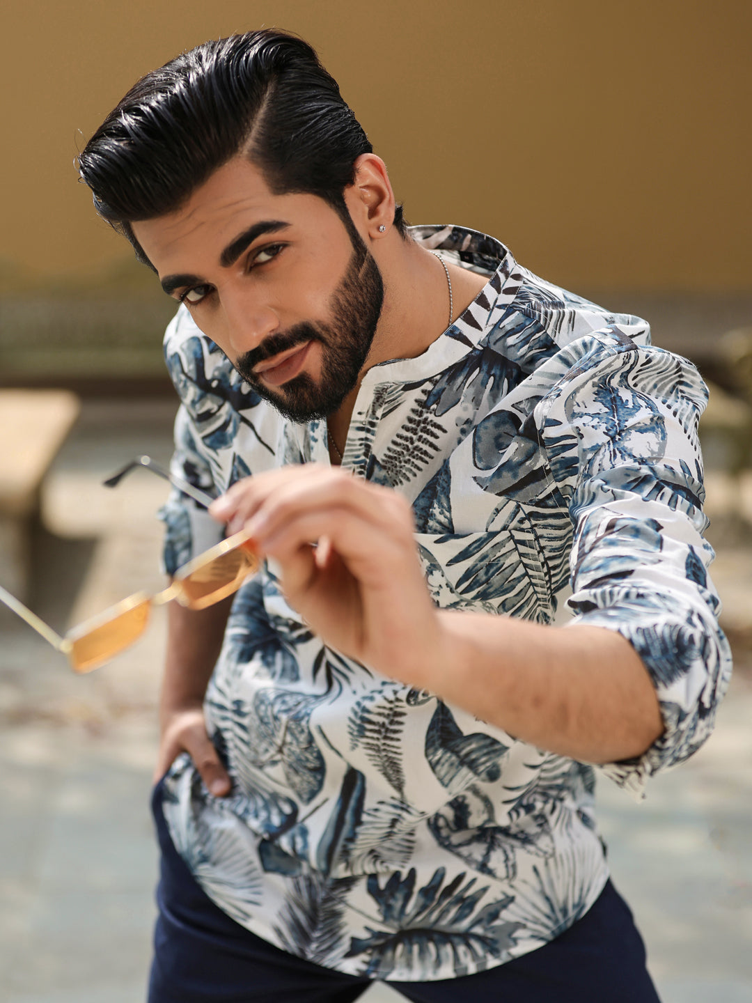 Men's Floral Pure Cotton Grey Printed Kurta