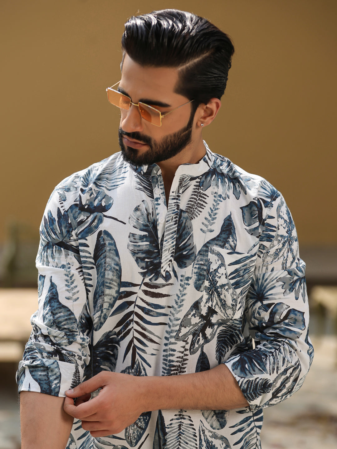 Men's Floral Pure Cotton Grey Printed Kurta - SanskrutiHomes