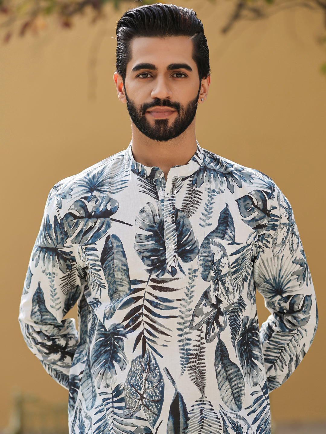 Men's Floral Pure Cotton Grey Printed Kurta