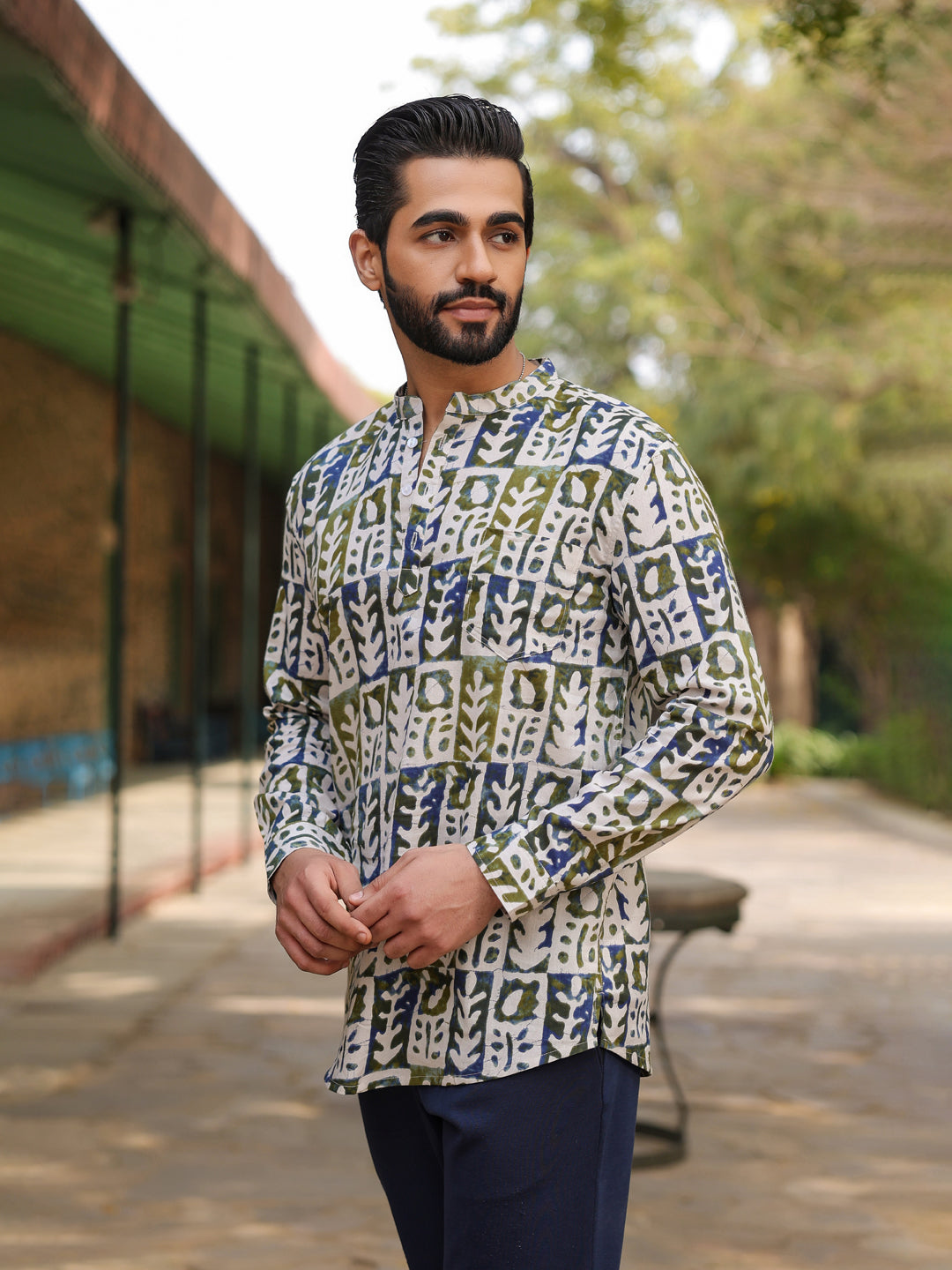 Men's Ethnic Motifs Pure Cotton Navy Blue Printed Kurta