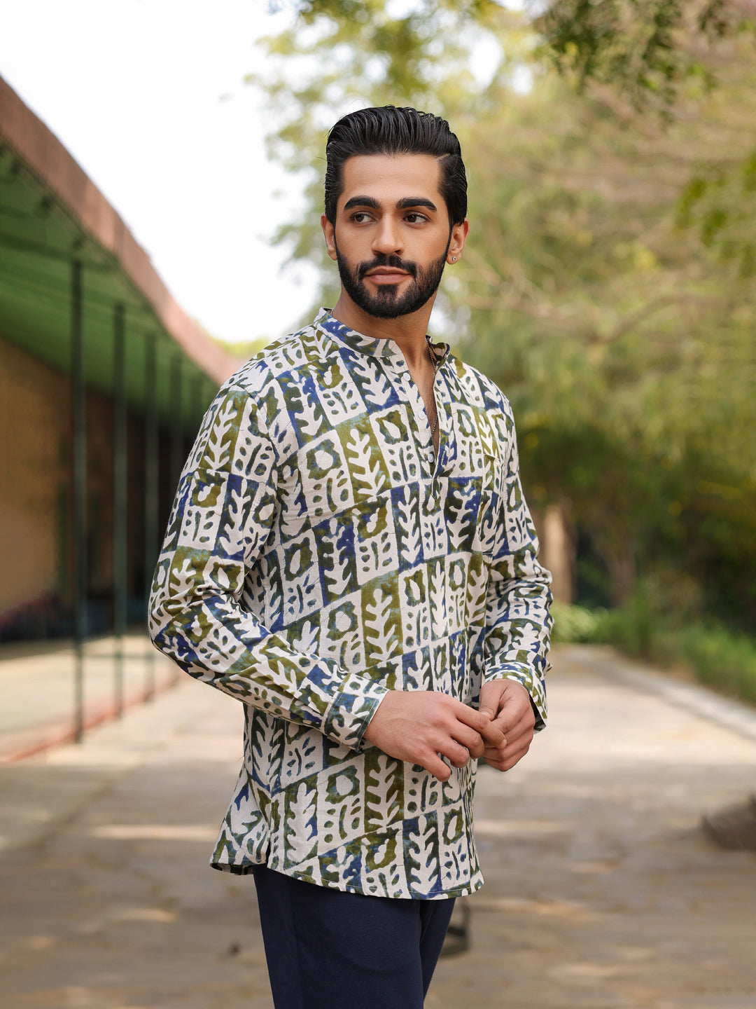 Men's Ethnic Motifs Pure Cotton Navy Blue Printed Kurta