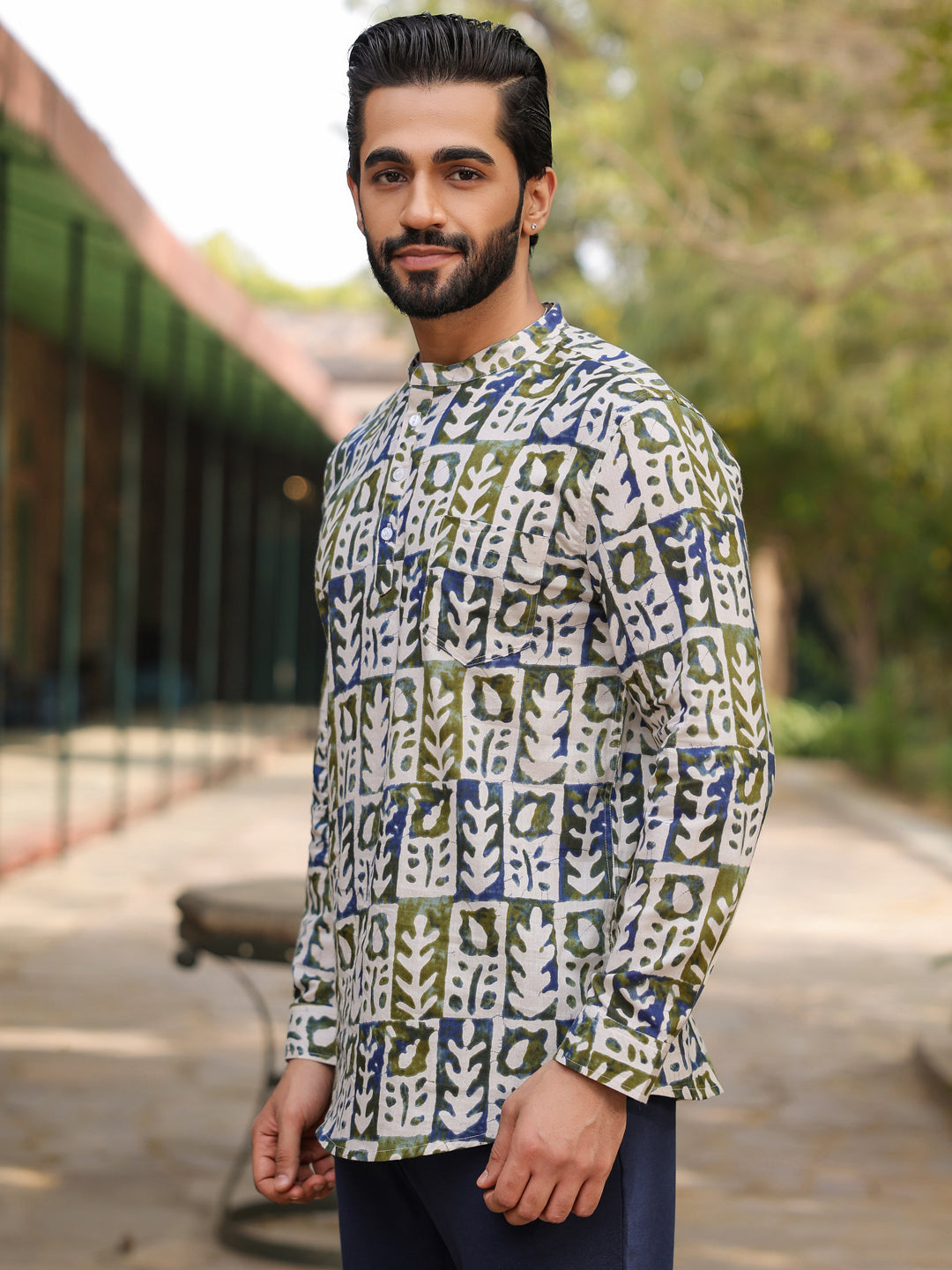 Men's Ethnic Motifs Pure Cotton Navy Blue Printed Kurta