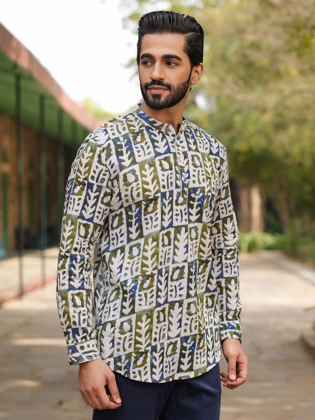 Men's Ethnic Motifs Pure Cotton Navy Blue Printed Kurta