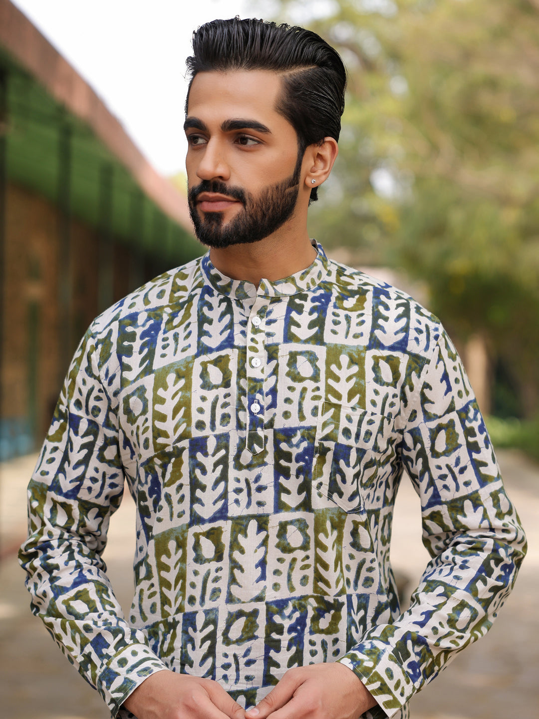 Men's Ethnic Motifs Pure Cotton Navy Blue Printed Kurta - SanskrutiHomes