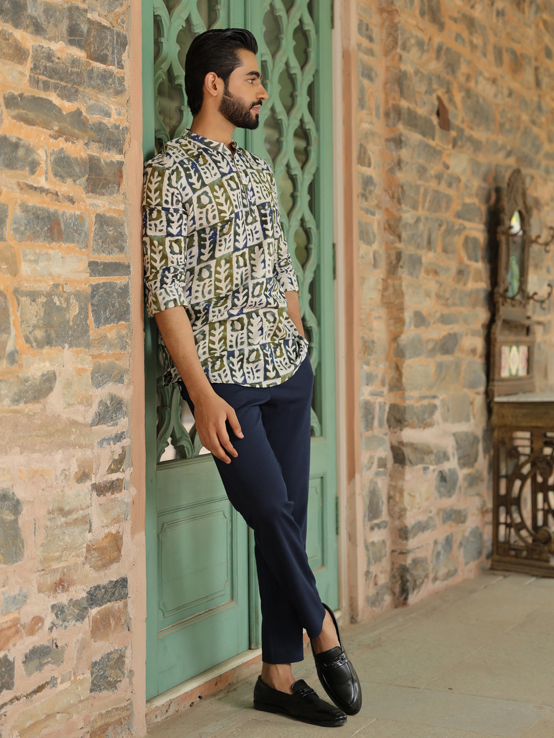 Men's Ethnic Motifs Pure Cotton Navy Blue Printed Kurta