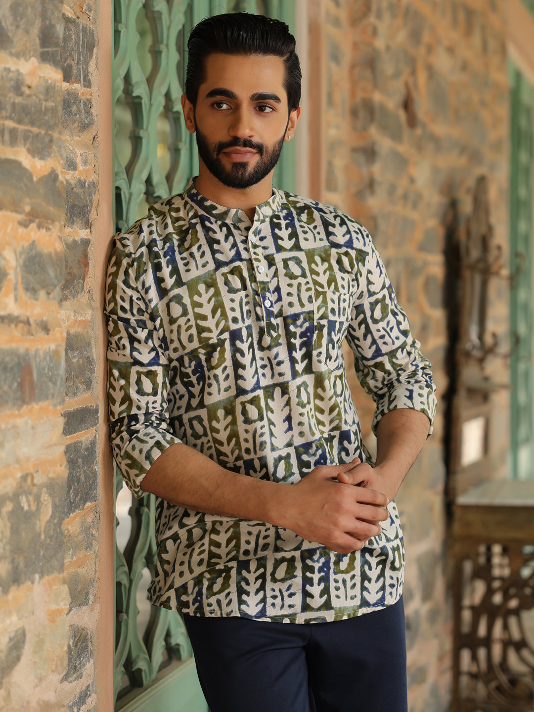 Men's Ethnic Motifs Pure Cotton Navy Blue Printed Kurta