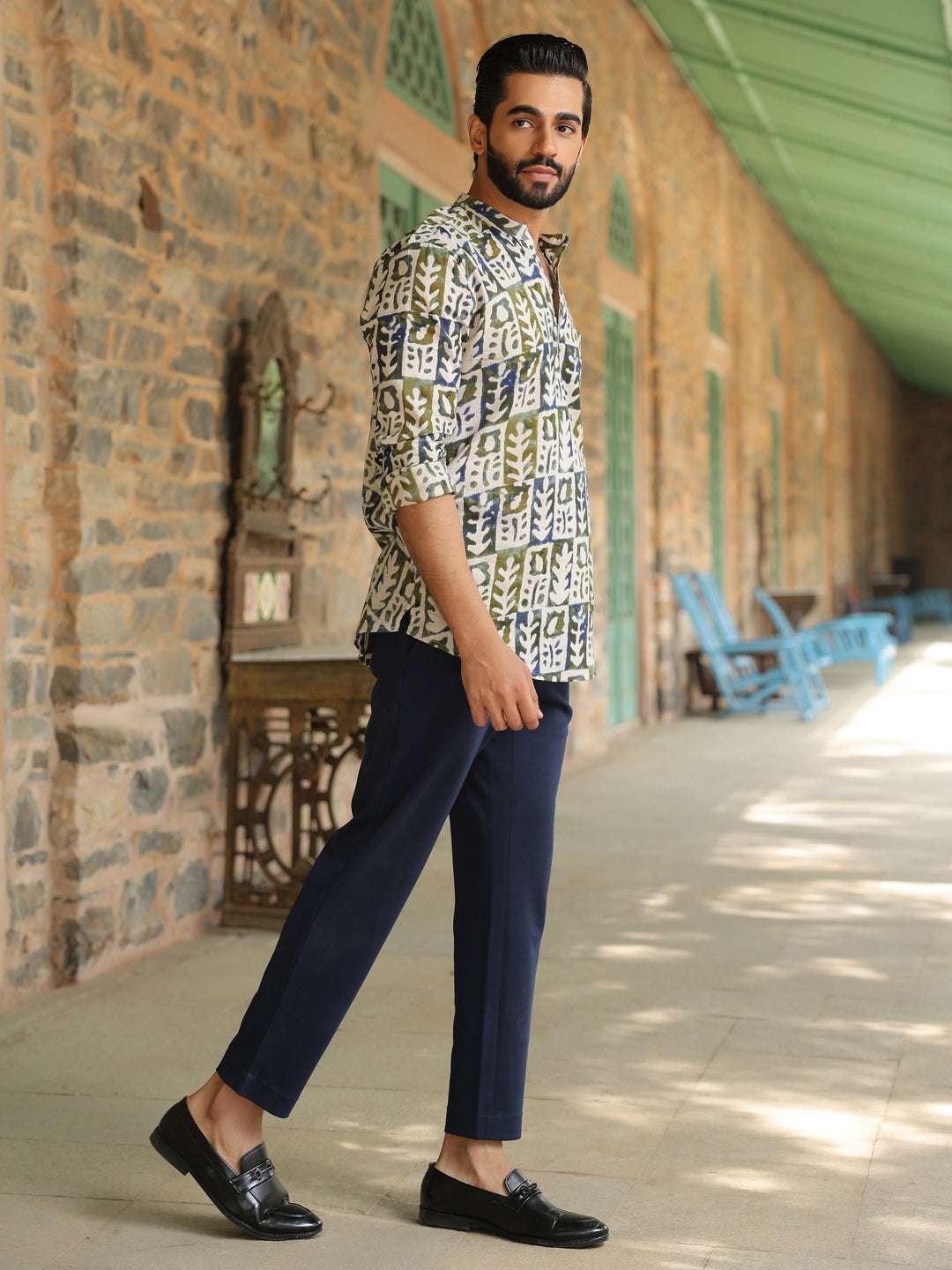 Men's Ethnic Motifs Pure Cotton Navy Blue Printed Kurta