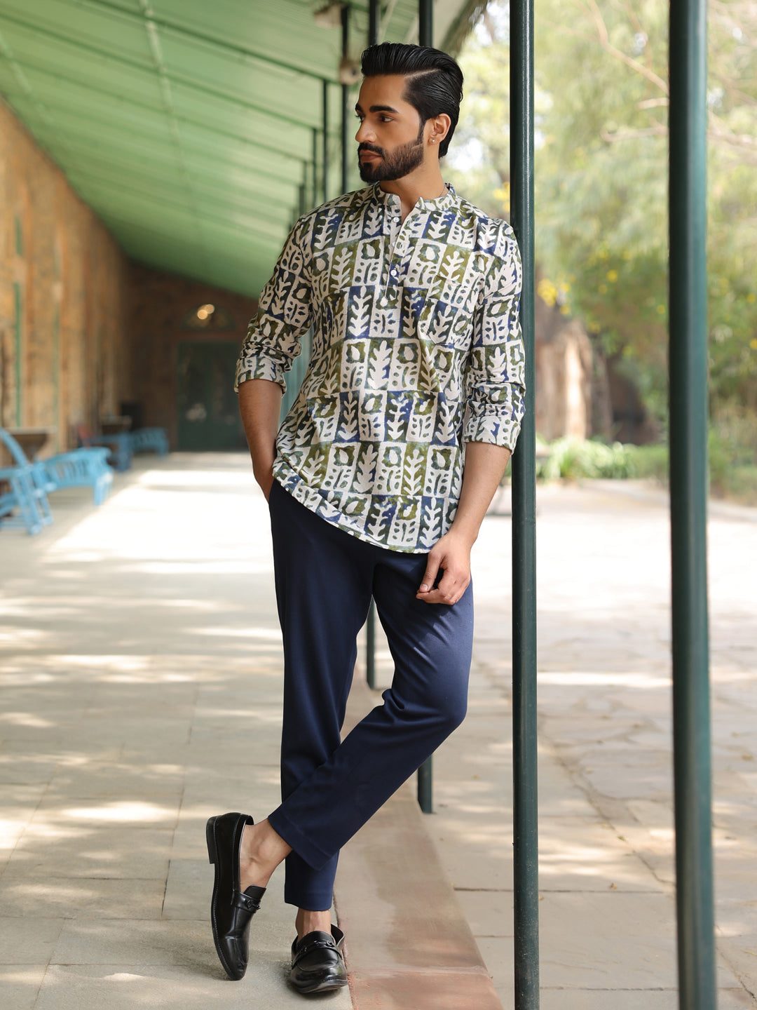 Men's Ethnic Motifs Pure Cotton Navy Blue Printed Kurta
