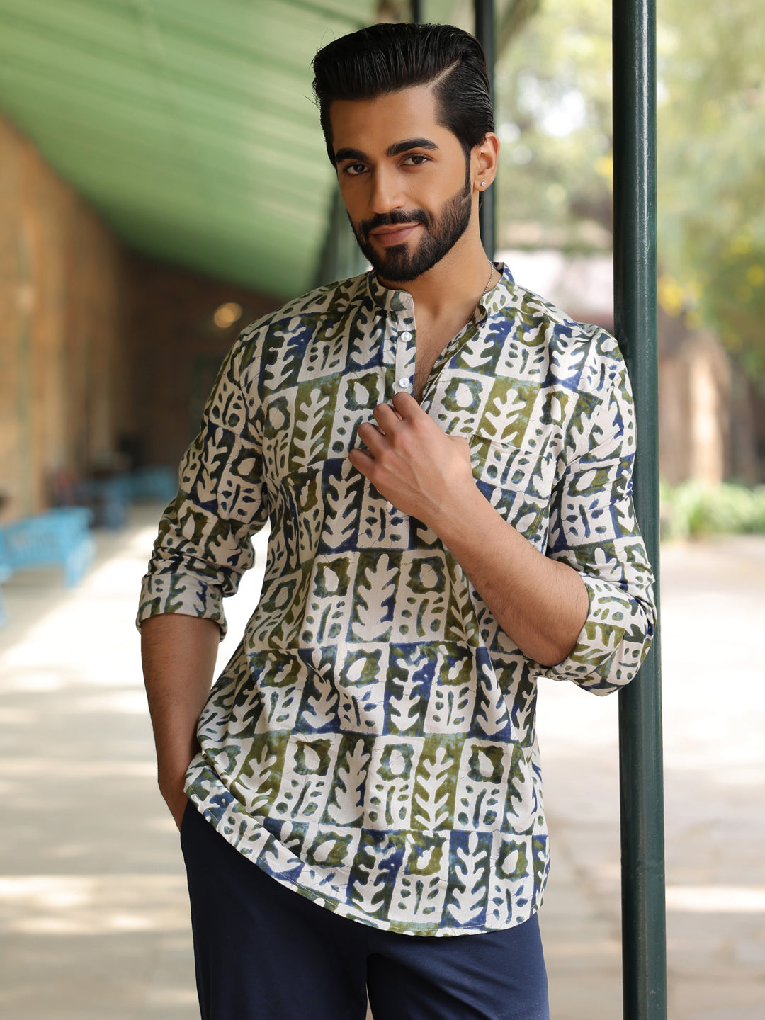 Men's Ethnic Motifs Pure Cotton Navy Blue Printed Kurta