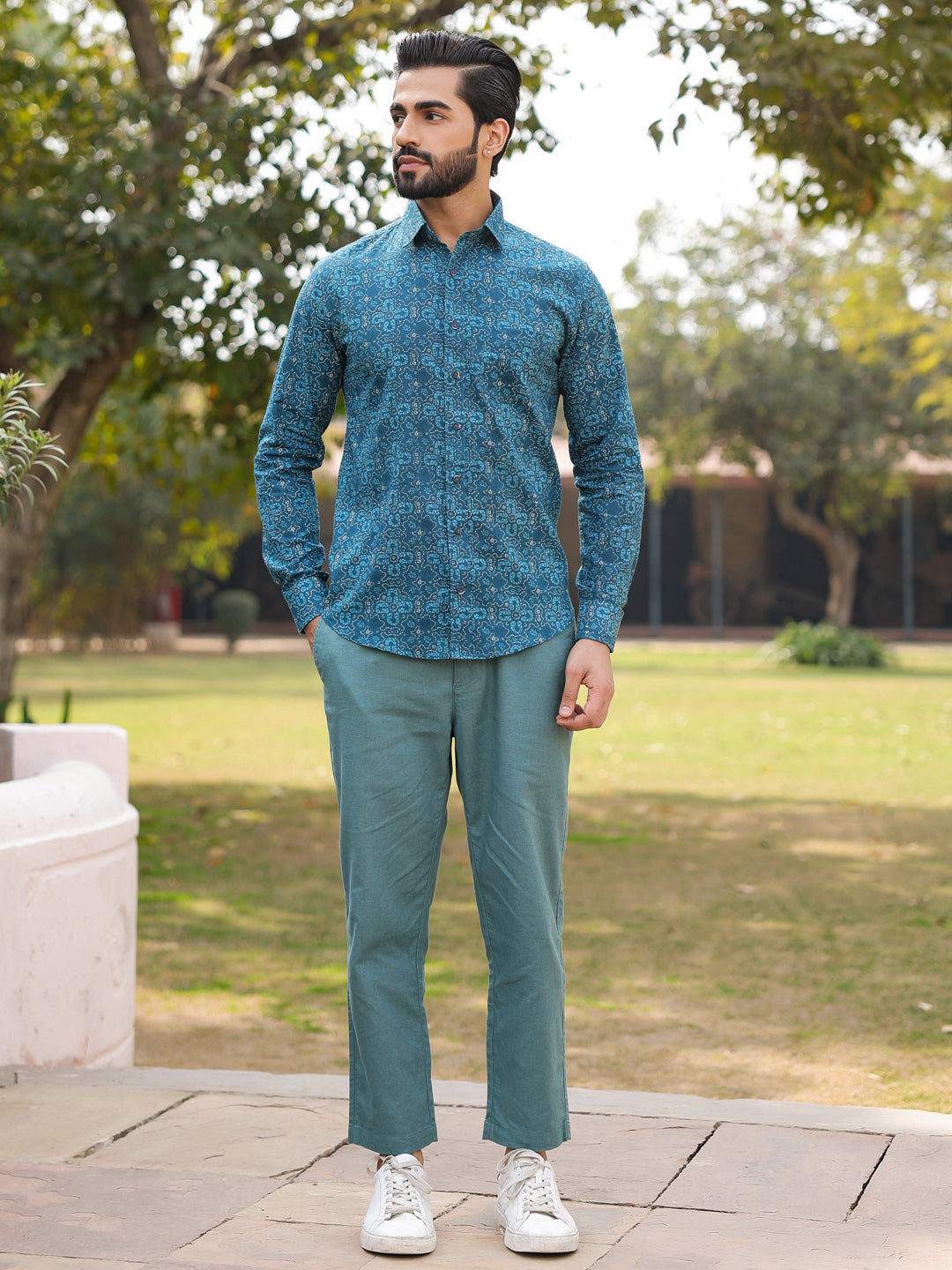 Men's Floral Print Pure Cotton Teal Casual Shirt - SanskrutiHomes