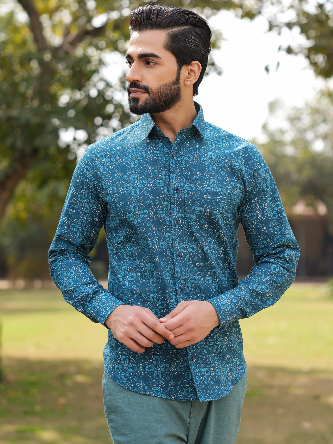 Men's Floral Print Pure Cotton Teal Casual Shirt - SanskrutiHomes
