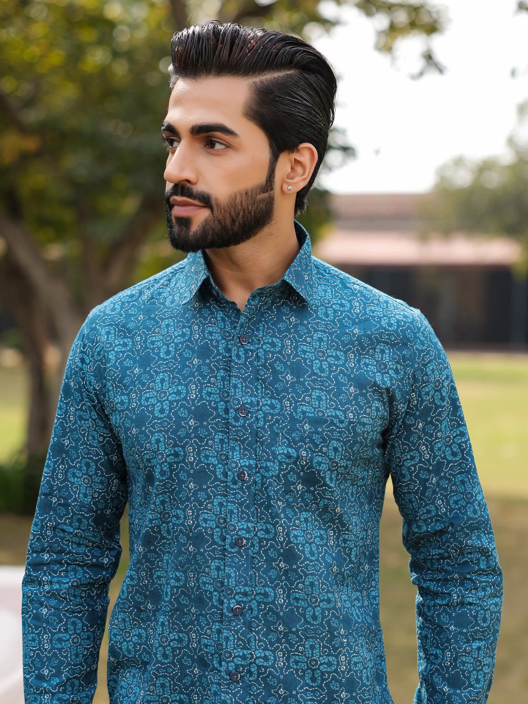 Men's Floral Print Pure Cotton Teal Casual Shirt - SanskrutiHomes