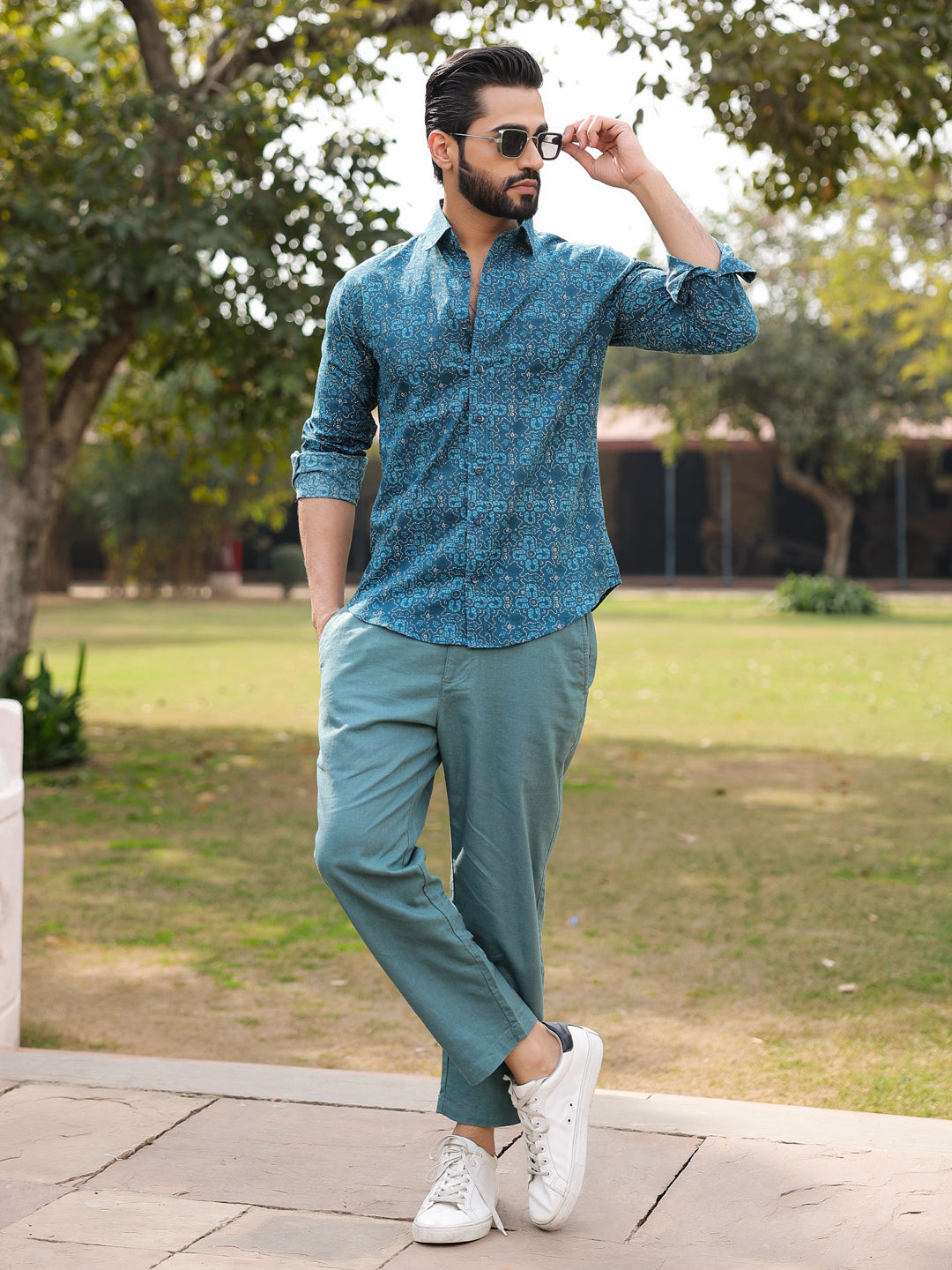 Men's Floral Print Pure Cotton Teal Casual Shirt - SanskrutiHomes
