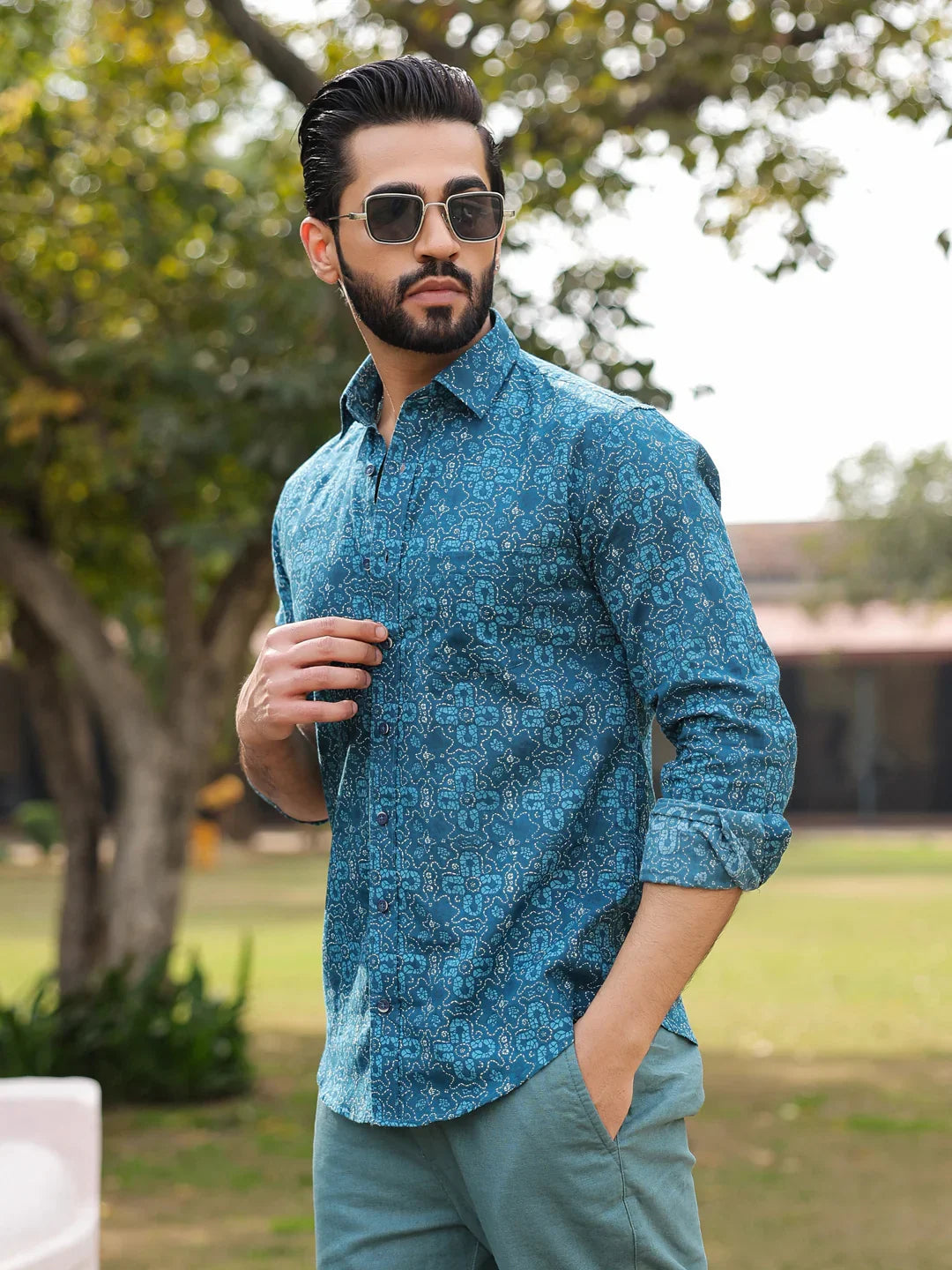 Men's Floral Print Pure Cotton Teal Casual Shirt - SanskrutiHomes