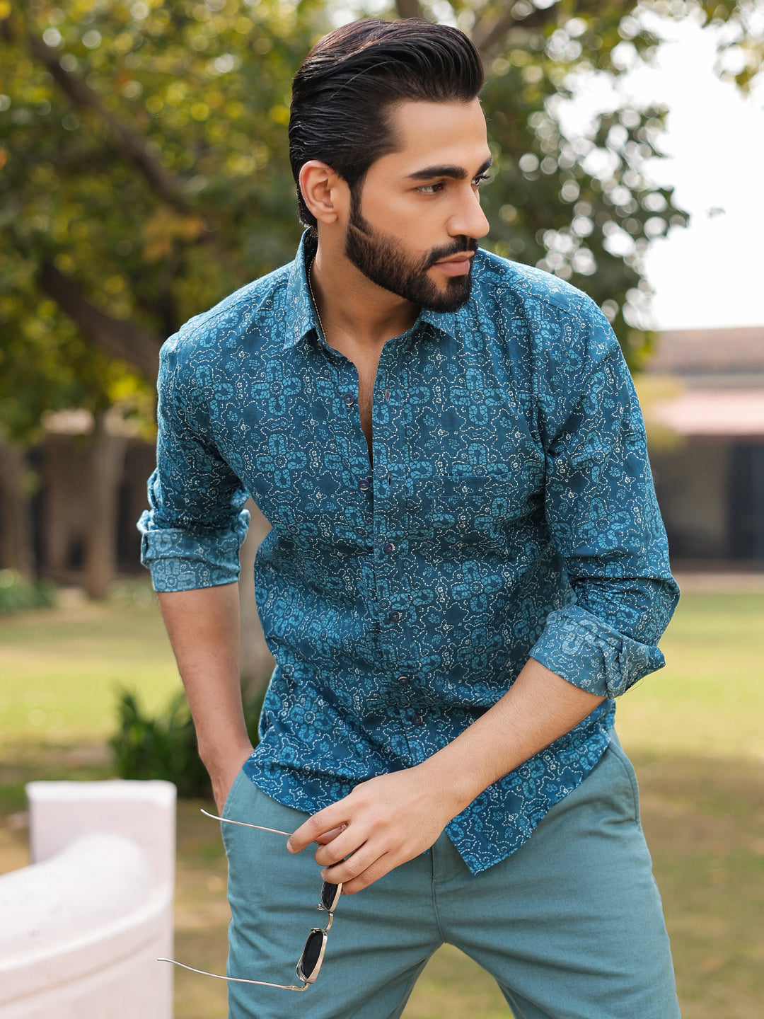 Men's Floral Print Pure Cotton Teal Casual Shirt